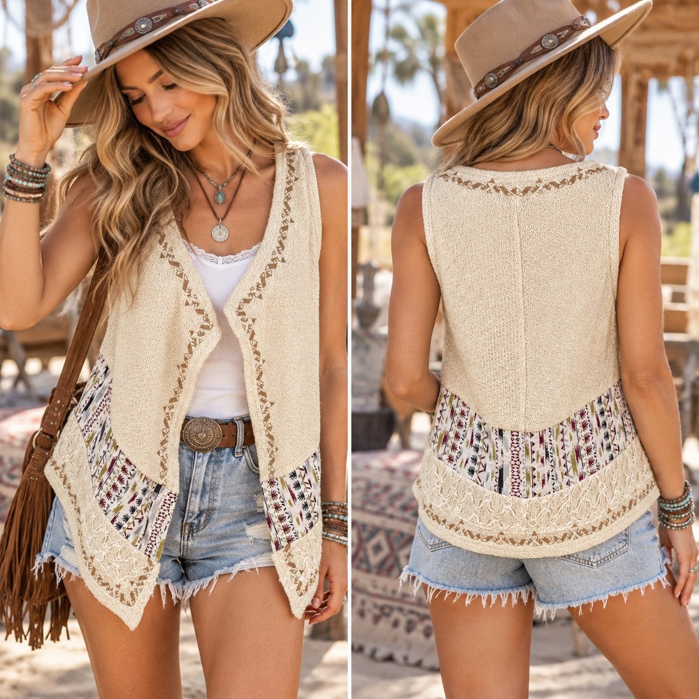 Miss Me Southwestern Aztec Embroidered Vest Small Cream Boho Sleeveless Cardigan